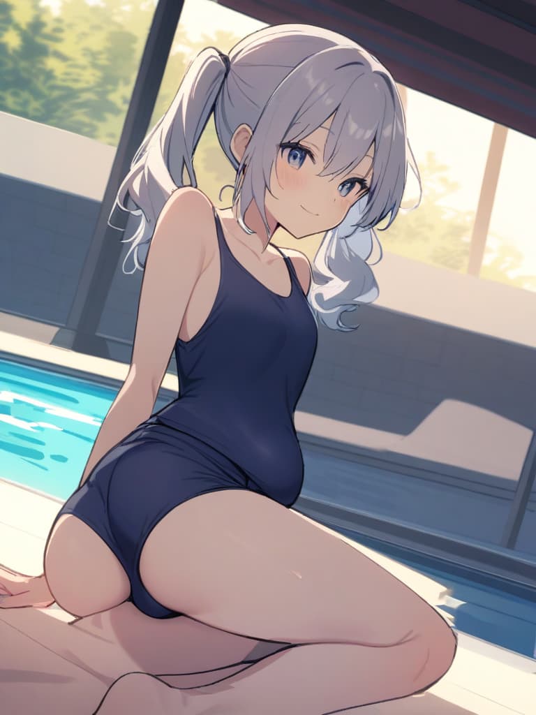  women's elementary students (male), twin tails, cute smiles, (rich s), low stature, dark blue swimwear, old swimwear, , simple (upward), male , (bulge), shaped clear , front , whole body, pool side,