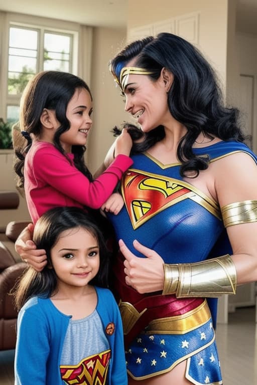  Wonderwomen and hir daughter enjoying at home