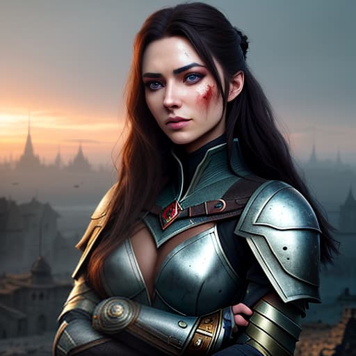  A girl, a person, a warrior. Dressed in fantasy military wear. Beautiful and cunning face, blue and sly eyes, long dark brown hair. On hands and face blood after battle. Against the backdrop of a city destroyed by war. hyperrealistic, full body, detailed clothing, highly detailed, cinematic lighting, stunningly beautiful, intricate, sharp focus, f/1. 8, 85mm, (centered image composition), (professionally color graded), ((bright soft diffused light)), volumetric fog, trending on instagram, trending on tumblr, HDR 4K, 8K