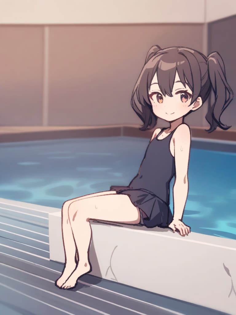  women's elementary students (with male), twin tails, cute smiles, rich s, low stature, dark blue swimwear, old swimwear, , simple, , area, (swelling), male (bulging), front, whole body , poolside,