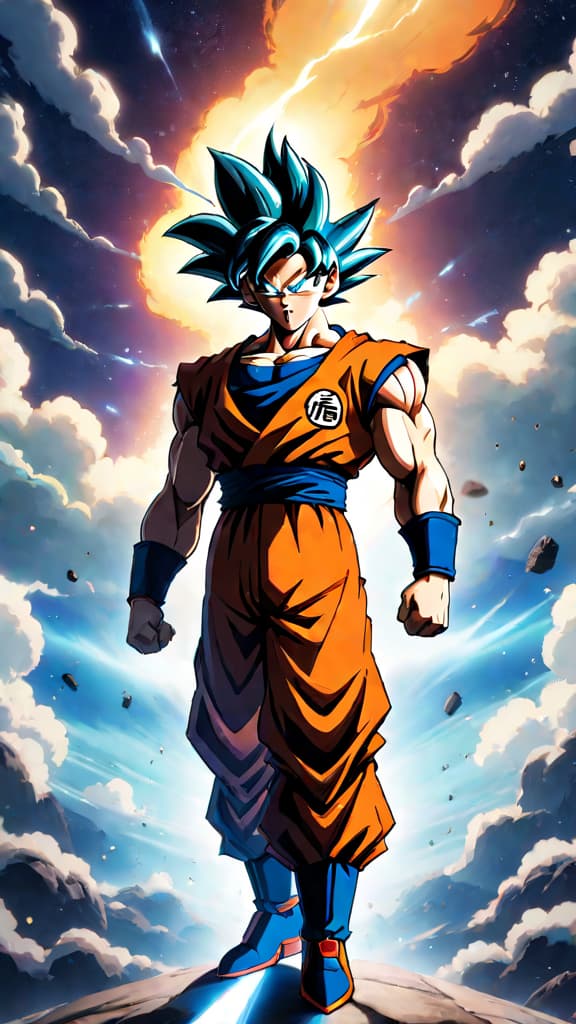  anime art of goku from dragon ball z standing at the multiverse edge, radiating ultra instinct god energy. hyperrealistic, full body, detailed clothing, highly detailed, cinematic lighting, stunningly beautiful, intricate, sharp focus, f/1. 8, 85mm, (centered image composition), (professionally color graded), ((bright soft diffused light)), volumetric fog, trending on instagram, trending on tumblr, HDR 4K, 8K