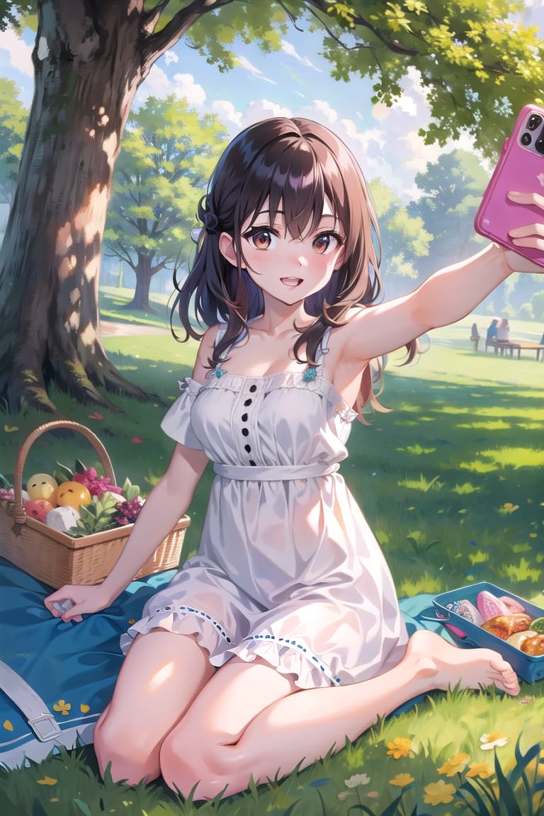  selfie in a park, picnic setup, sundress