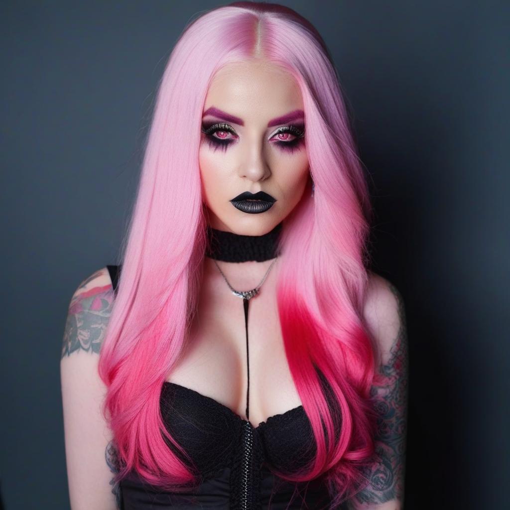  4 age women,full body shot ,full body portrait horrifying scary pale long pink hair ,full white eyes, black lips, black dripping eyeshadow tattoos,in pink cotton with pink trim