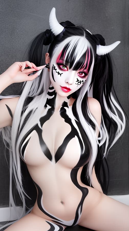  Black and White flame pattern body paint in every corner of the whole body, Whitebody paint full body, White face paint on the face, two succubus sisters, full body image 女性