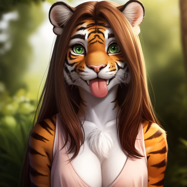  by sicmop, felid mammal pantherine tiger blep blush brown_hair chest_tuft clothing female front_view fur green_eyes hair long_hair looking_at_viewer multicolored_body multicolored_fur orange_body orange_fur outside smile solo striped_body striped_fur stripes tongue tongue_out tuft white_body white_fur, open eyes, masterpiece, 4k, fine details,