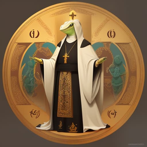  an orthodox icon. an anthropomorphic lizard in holy clothes cunningly looks at the camera, (logo:1.3), vector graphics, brand, design, inspired, (straight:1.3), (symmetrical:0.4)