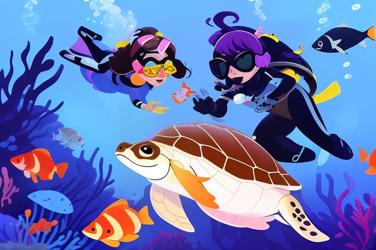  Cartoon 2d gradient flat vector illustration, soft shadows. Two Scuba divers in costumes diving, swimming underwater with mask, aqualung .Ocean wildlife, turtle, tropical fishes, sea floor. Detailed landscape of ocean wildlife, tropical fishes, corals, seabed. Minimalism. Flat vector illustration. Colorful cartoon flat illustration. Color palette from classical painting., modelshoot style, (extremely detailed CG unity 8k wallpaper), professional majestic oil painting by Ed Blinkey, Atey Ghailan, Studio Ghibli, by Jeremy Mann, Greg Manchess, Antonio Moro, trending on ArtStation, trending on CGSociety, Intricate, High Detail, Sharp focus, dramatic, photorealistic painting art by midjourney and greg rutkowski hyperrealistic, full body, detailed clothing, highly detailed, cinematic lighting, stunningly beautiful, intricate, sharp focus, f/1. 8, 85mm, (centered image composition), (professionally color graded), ((bright soft diffused light)), volumetric fog, trending on instagram, trending on tumblr, HDR 4K, 8K
