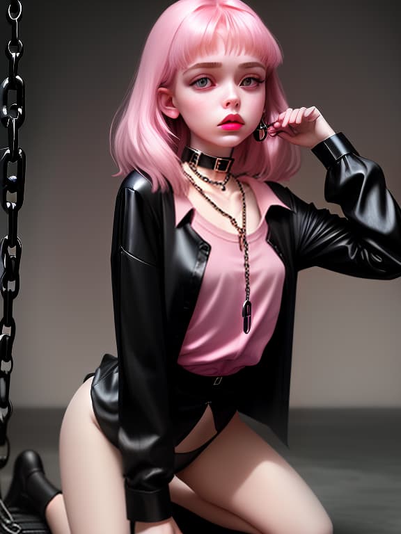  the girl kneels in a collar on a chain, pink lips, black long shirt, no pants, no pants, beautiful