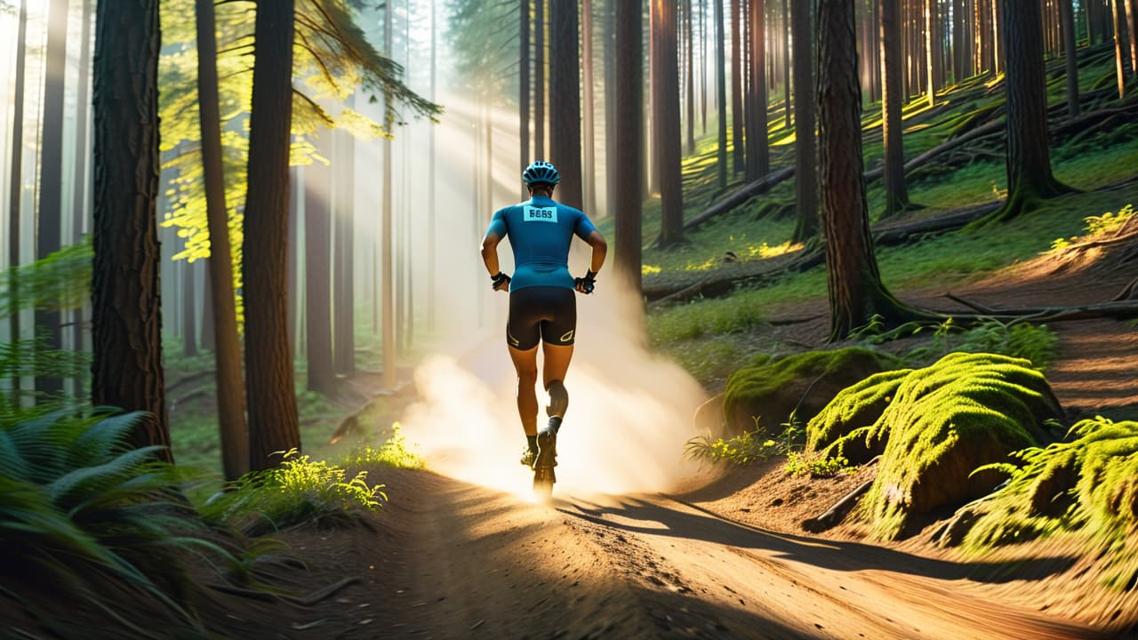  a split scene: on one side, a runner sprinting through a dense forest trail with sunlight filtering through trees; on the other, a mountain biker navigating rocky terrain, dust flying behind. hyperrealistic, full body, detailed clothing, highly detailed, cinematic lighting, stunningly beautiful, intricate, sharp focus, f/1. 8, 85mm, (centered image composition), (professionally color graded), ((bright soft diffused light)), volumetric fog, trending on instagram, trending on tumblr, HDR 4K, 8K