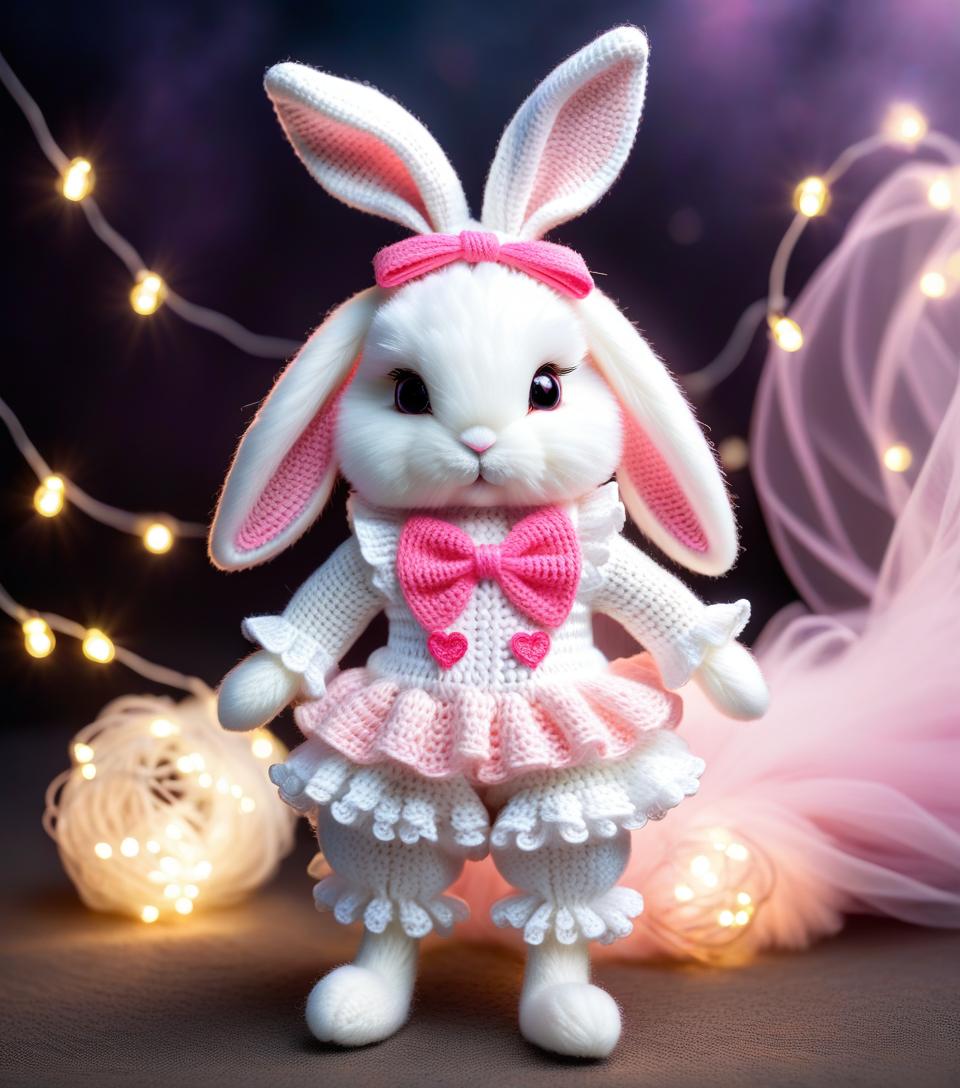  long exposure photo of a very cute white and pink fluffy bunny, cute cute, with long floppy and fluffy ears, with a fashionable elegant crochet headband with a bow, and decorations, standing on two legs, in a crocheted white and pink jumpsuit with ruffles, tulle ruffles, with draperies, with ruffled tulle, with a bow, a peplum, very detailed, dressed in beautiful crocheted shoes with decorations, flying fireflies and neon hearts, glare of light, radiance, fabulously beautiful, tenderness, love, aesthetics, professional photo, realism, high resolution, high detail , iso 100, f/2.8, 4k, 1/250 s, 30mm lens, bright light . blurred motion, streaks of light, surreal, dreamy, ghosting effect, highly detailed, sticker hyperrealistic, full body, detailed clothing, highly detailed, cinematic lighting, stunningly beautiful, intricate, sharp focus, f/1. 8, 85mm, (centered image composition), (professionally color graded), ((bright soft diffused light)), volumetric fog, trending on instagram, trending on tumblr, HDR 4K, 8K