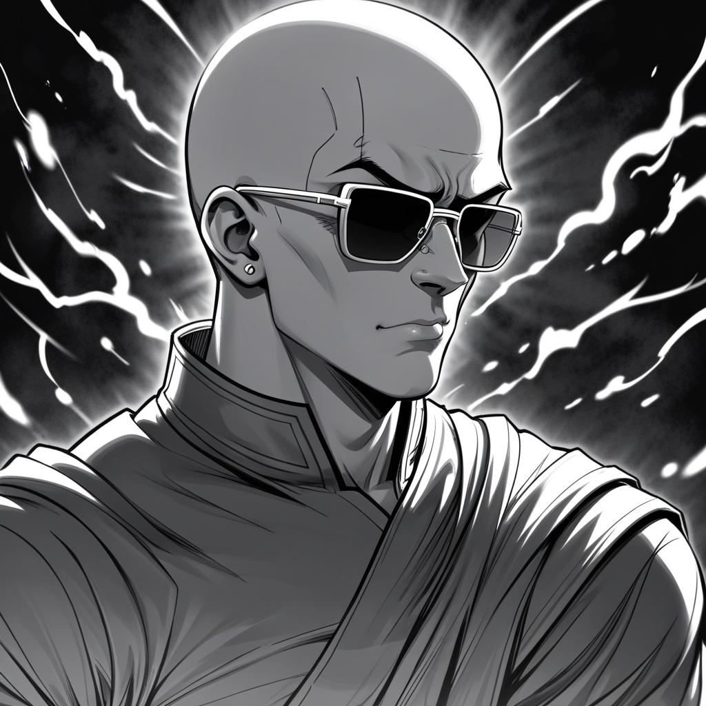  manga artwork a male young bald monk,he has johnny cage appearance,make him serious with some menacing aura around him,draw him manga style black and white during a impact frame,he wears sun glasses impact frames. manga artist. manga, highly emotional. best quality, high resolution