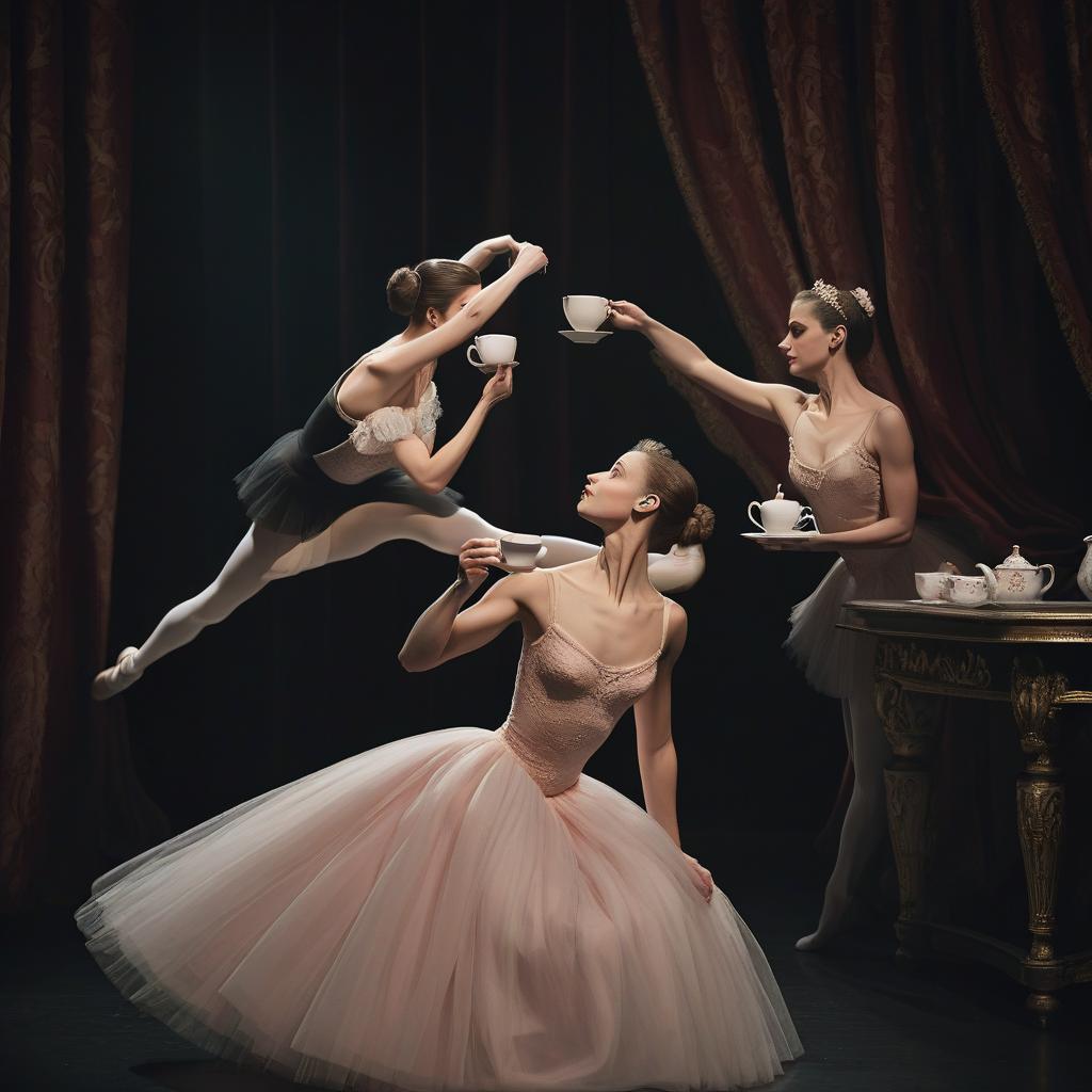  ballerina and opera singer drink tea on dark theatre stage against curtain