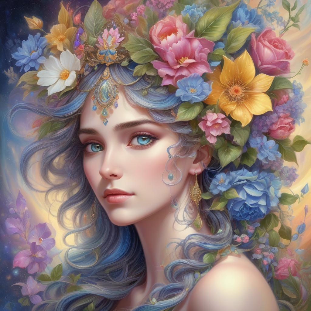  a painting of a woman with flowers in her hair, beautiful fantasy art portrait, beautiful fantasy portrait, beautiful fantasy painting, colorfull digital fantasy art, beautiful detailed fantasy, very beautiful fantasy art, beautiful fantasy art, inspired by josephine wall, romanticism art style, intricate fantasy painting, highly detailed fantasy art, anime art nouveau cosmic display,