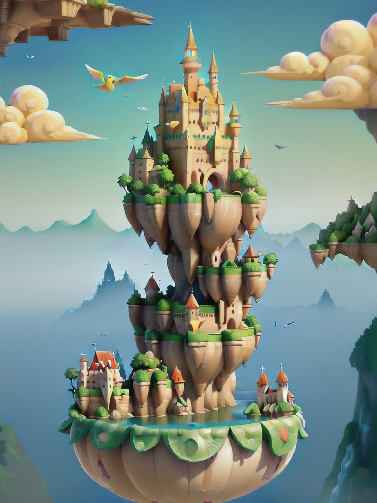  Produce an image of a floating island in the sky with cascading waterfalls, colorful birds flying around, and a castle perched on the edge.