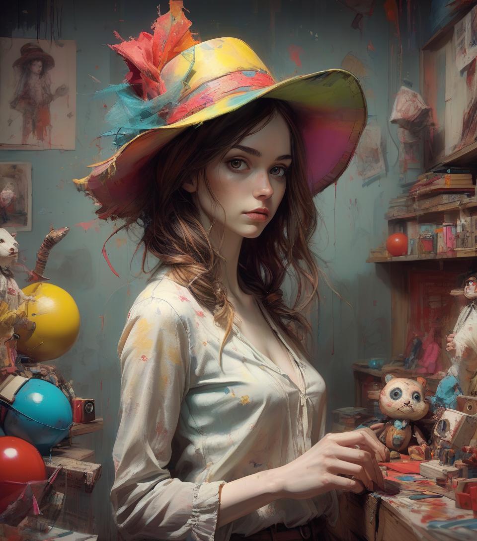  hyperrealistic art complex background, hyper realistic, drawn woman, female, texture, colorful hat, toys, 3d, by abigail larson, william turner, pino daeni, carne griffiths. . extremely high resolution details, photographic, realism pushed to extreme, fine texture, incredibly lifelike