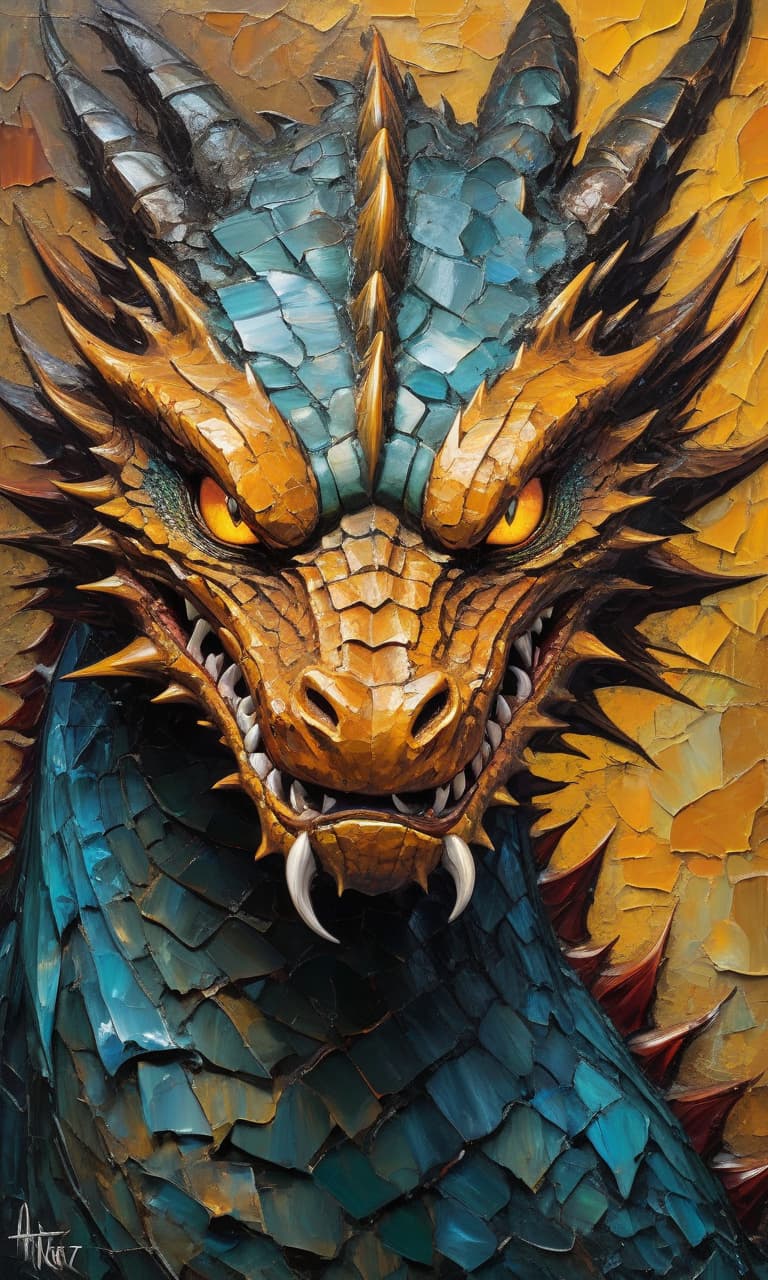  (palette knife oil painting:1.3) (impasto disturbia technique:1.2), showcasing (cracked textures:1.2) with a dramatic blend of (ocher, teal, and orange:1.3). the (mighty dragon's face:1.3) emerges fiercely from the textures, characterized by (piercing yellow eyes:1.2) and (sharp, menacing fangs:1.3). the dragon’s features intricately blend with the surrounding textures, evoking an (autumn mood:1.1) within a (dark fantasy theme:1.3). a stunning (shattered effect:1.2) enhances the mystique and depth of this captivating artwork.