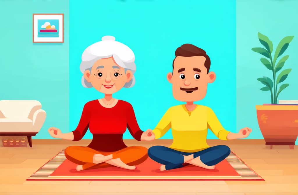  cute old lady and man sitting on the rug and meditating. style flat illustration ar 3:2 {prompt}, maximum details