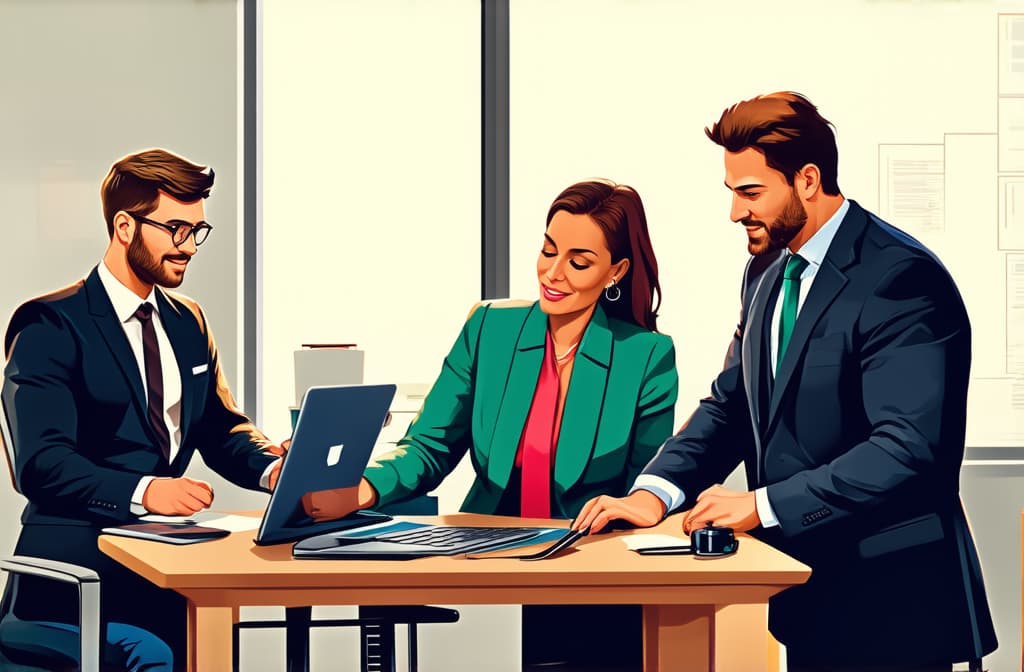  professional detailed photography, people working in office. business illustration representing busy life ar 3:2, (muted colors, dim colors, soothing tones), (vsco:0.3)