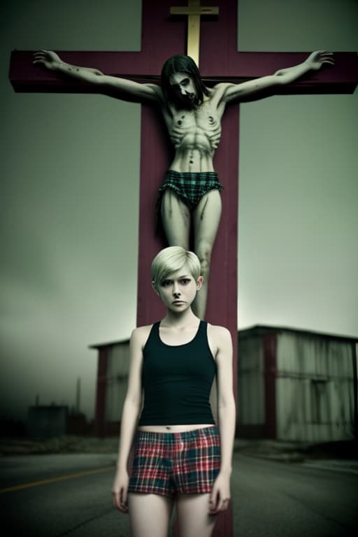  Color, Atmosphere dim, blurry back, girl short haired, in plaid boxers, tank top, creepy building, dim lit, demonic(demon) presence in background, crucifix sign, crucifix, cross(logo)