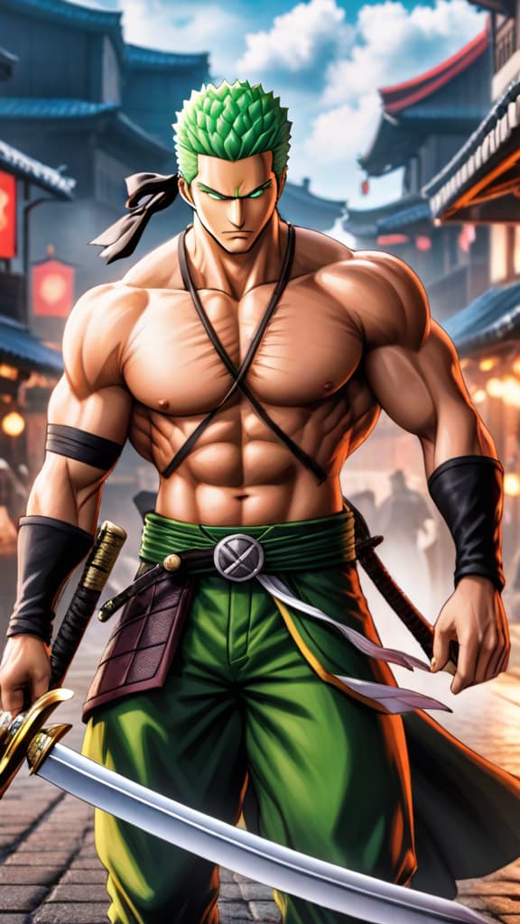  anime art: roronoa zoro faces dracule mihawk, showcasing mihawk's unmatched sword skills and wisdom. hyperrealistic, full body, detailed clothing, highly detailed, cinematic lighting, stunningly beautiful, intricate, sharp focus, f/1. 8, 85mm, (centered image composition), (professionally color graded), ((bright soft diffused light)), volumetric fog, trending on instagram, trending on tumblr, HDR 4K, 8K