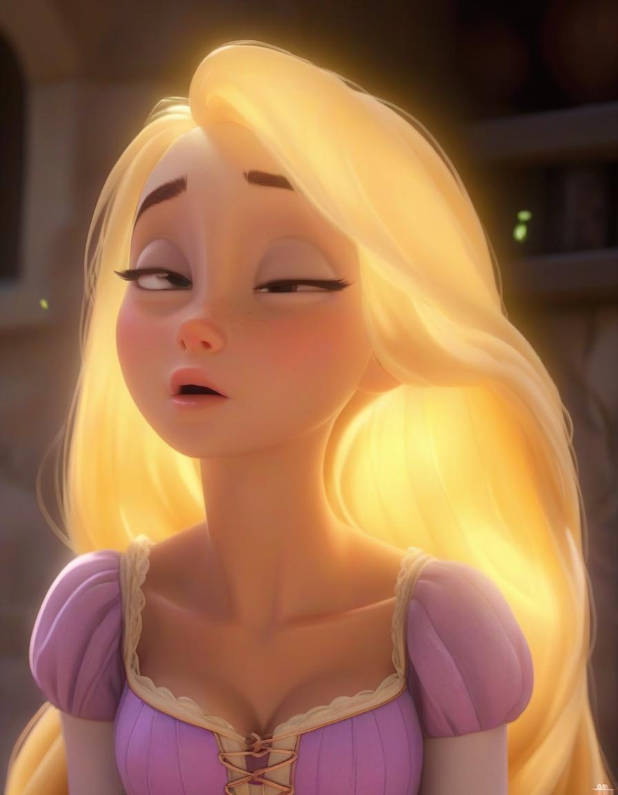  images of cartoon rapunzel character which is eating an orange, white light at sunny noon