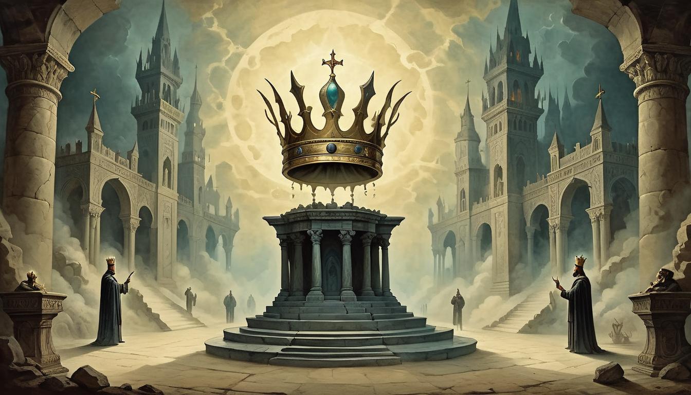  on parchment, surrealism+++, a radiant crown hovering above a pedestal, shadowy figures below on the ground, exclusivity, divine favor(mysterious, provocative, symbolic,muted color)+++