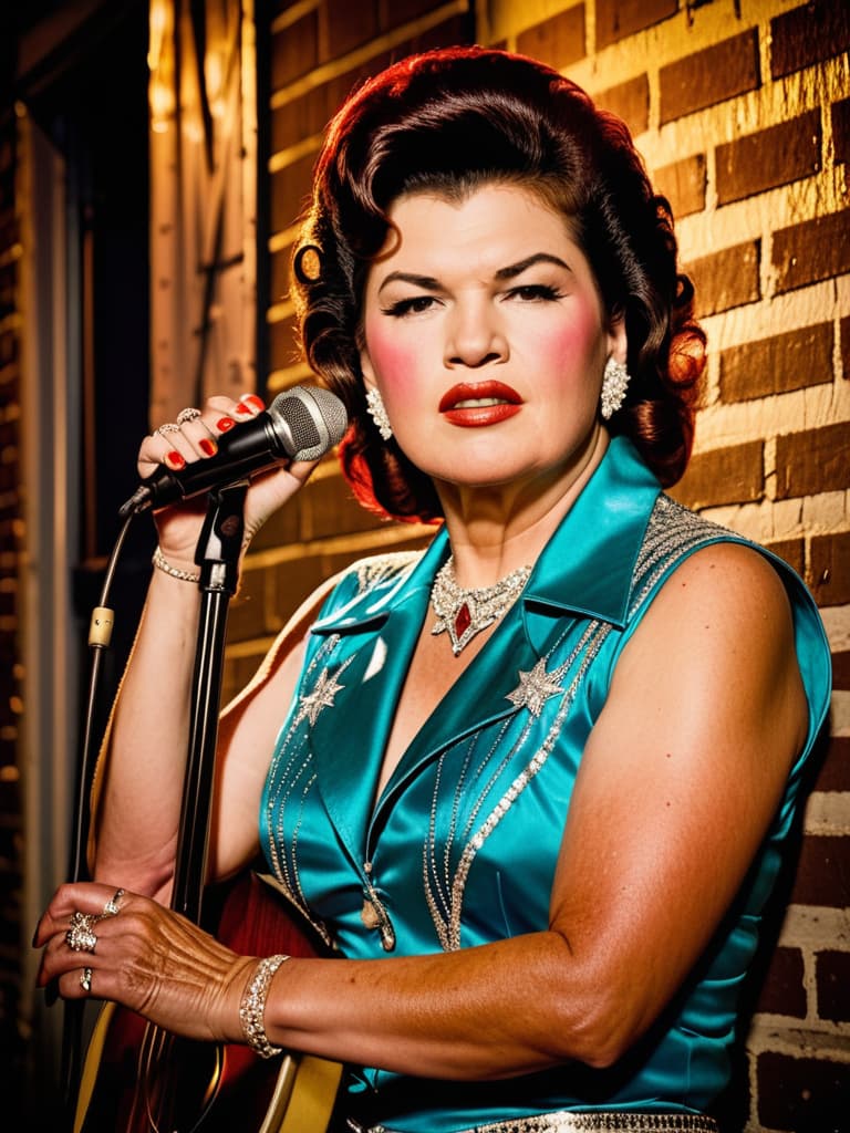  Country singer Patsy Cline, medium shot, upper body, spotlight, long exposure lighting, street art style spray paint, glamour lighting