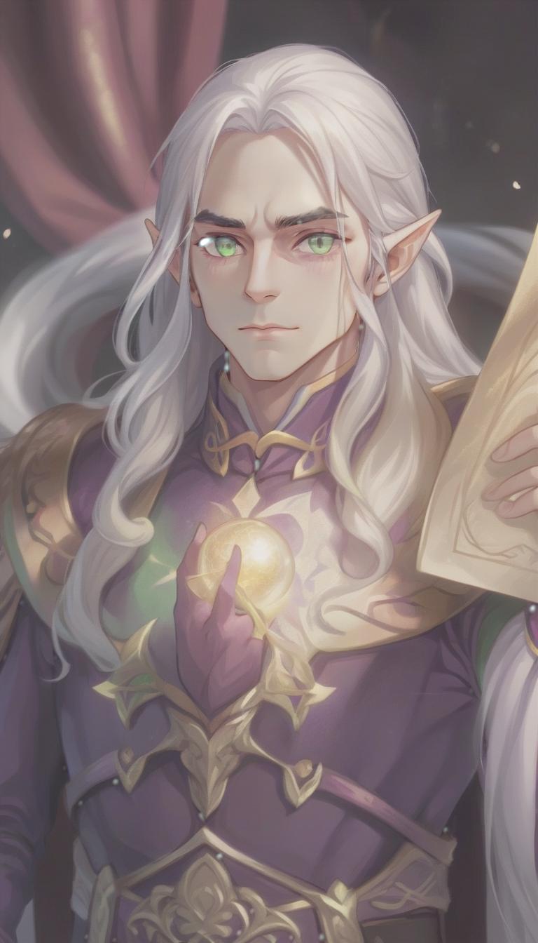  breathtaking man, elf, long white hair, green eyes, purple clothes . award winning, professional, highly detailed, sticker