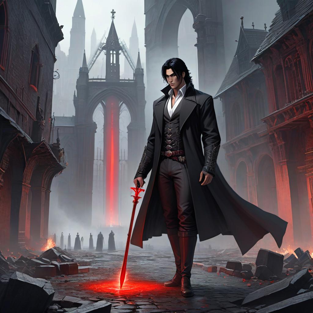  concept art the medieval city, a part of which painted a dark, grey substation, in the middle of a void, is the god who called it, and he wears a white shirt and a black coat in his hand, holds a black catan that cuts the space, his eyes red, and the black hair is not too long, he's a man of sweetness and painted in animos . digital artwork, illustrative, painterly, matte painting, highly detailed, hkmagic hyperrealistic, full body, detailed clothing, highly detailed, cinematic lighting, stunningly beautiful, intricate, sharp focus, f/1. 8, 85mm, (centered image composition), (professionally color graded), ((bright soft diffused light)), volumetric fog, trending on instagram, trending on tumblr, HDR 4K, 8K