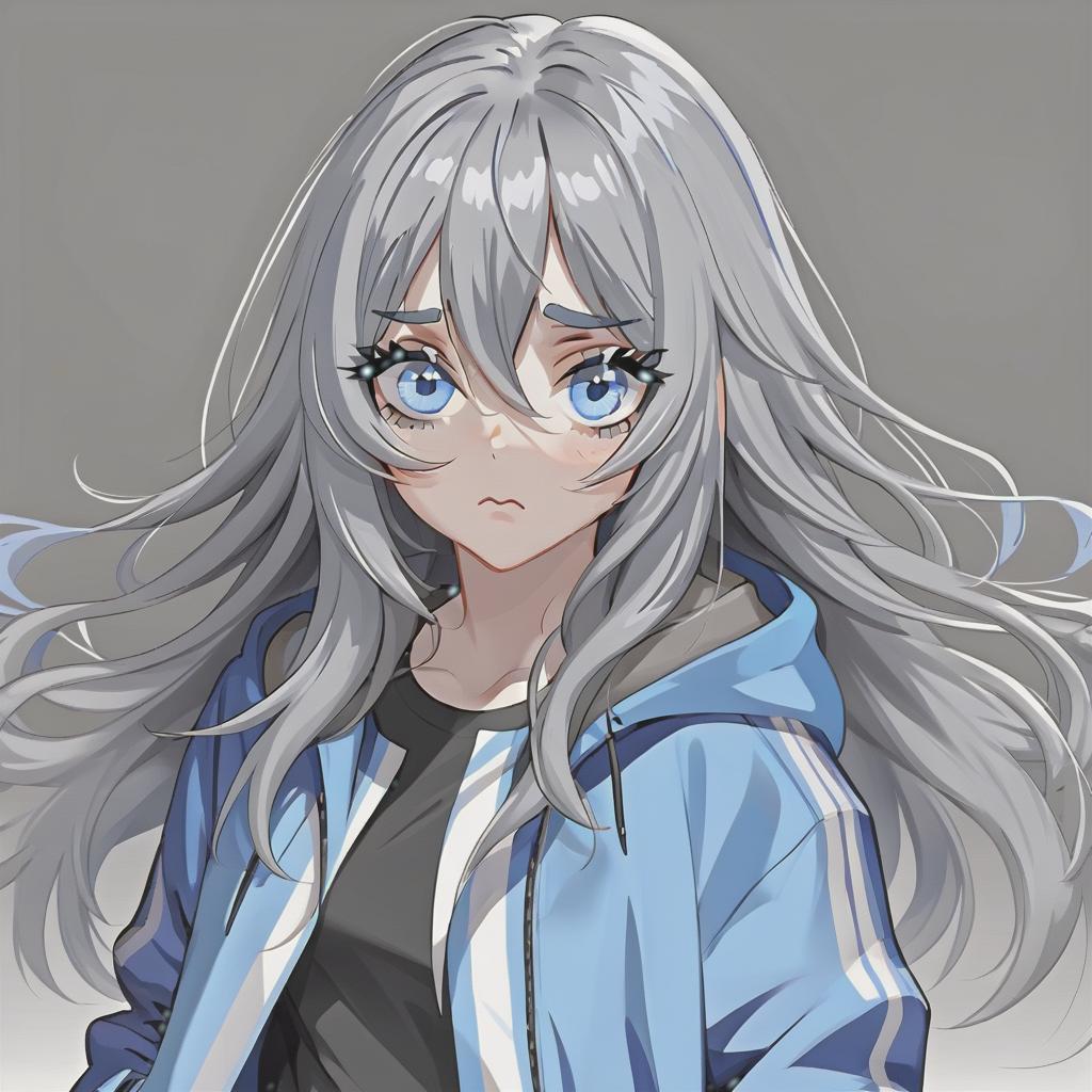  a girl with blue eyes and very long gray hair. her bangs are stacked on both sides, except for the long part in the middle. in everyday clothes she wears an oversize jacket, blue, in a white strip, the jacket is partially unbuttoned. under her she puts on a black shirt and short blue shorts. the expressions of the girl’s face are insignificant, but noticeable. her face is calm with almost no emotions.