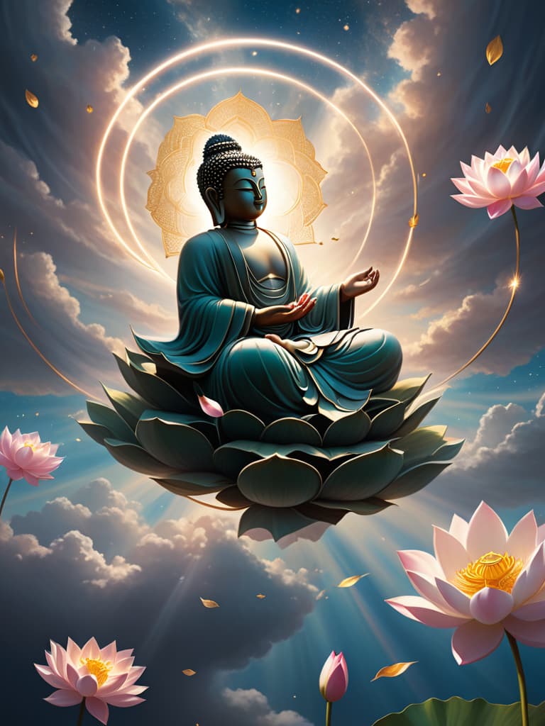  buddha floating in celestial sky, traditional attire, serene expression, halo of light, lotus flowers, ethereal setting, surrealistic art style, detailed elements, eastern mythology influence, art station inspiration, soft lighting, overhead view, 4k resolution, highly detailed illustration, ee 70mm lens