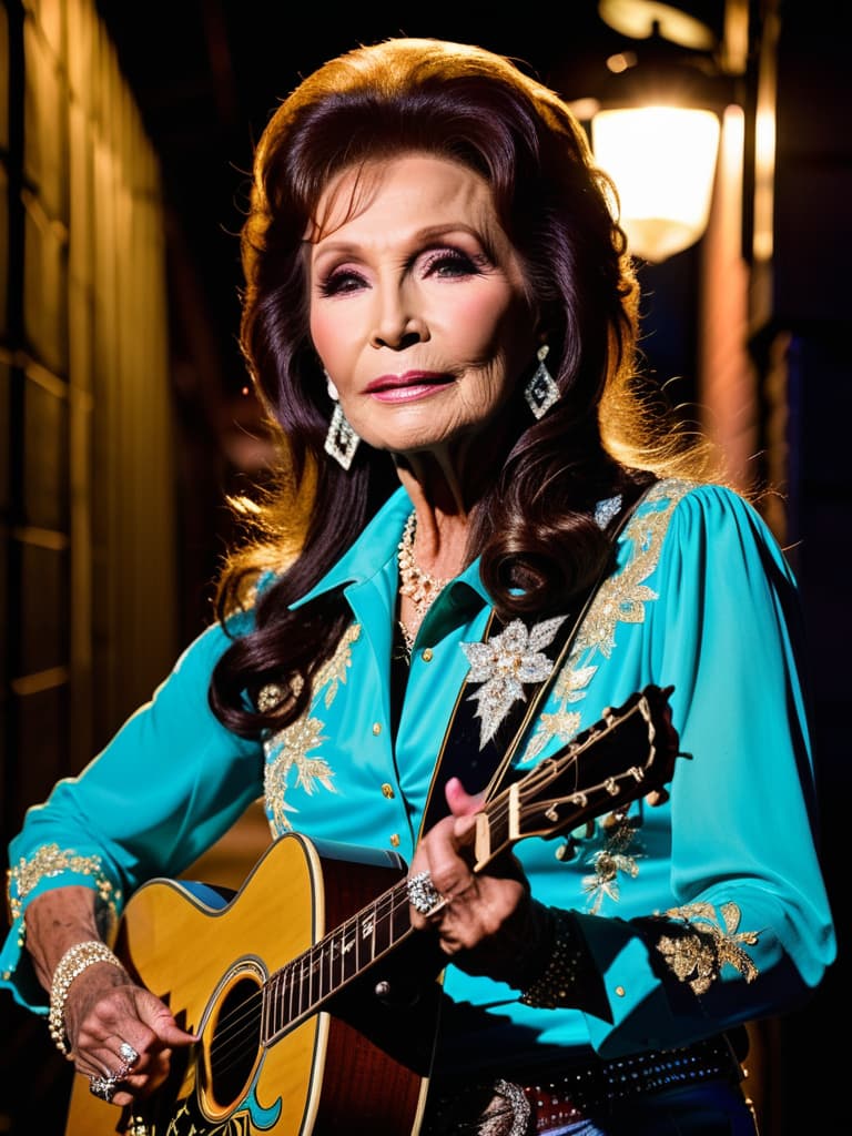  The young country singer Loretta Lynn, medium shot, upper body, spotlight, long exposure lighting, street art style spray paint, glamour lighting