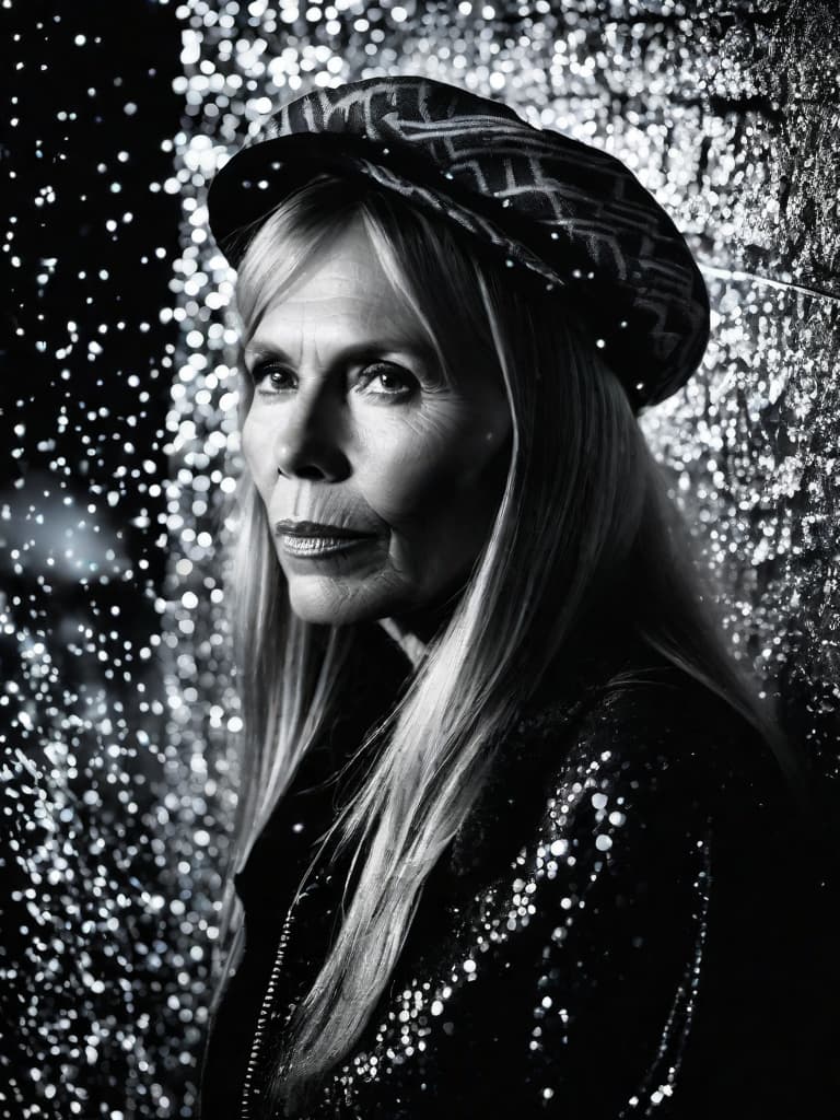  A younger Country singer Joni Mitchell, medium shot, upper body, spotlight, long exposure lighting, street art style spray paint, glamour lighting