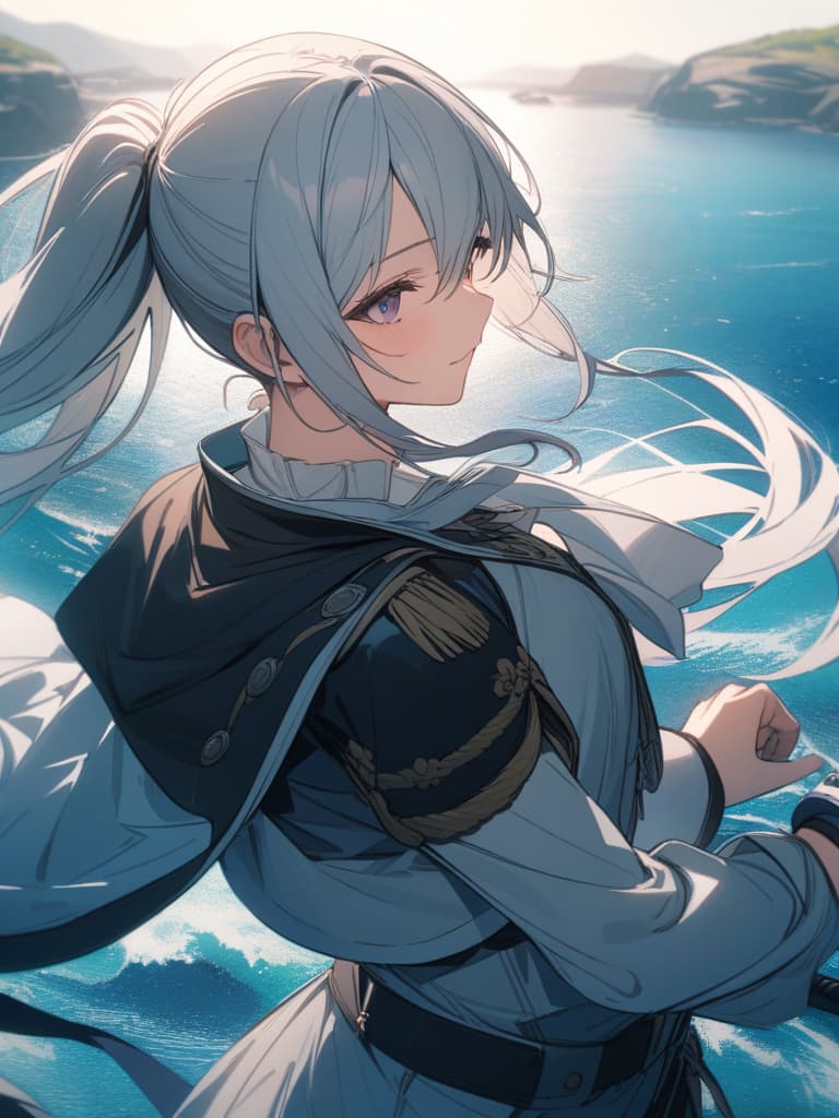  captain, silver hair, ponytail, sea, pirate, masterpiece, best quality,8k,ultra detailed,high resolution,an extremely delicate and beautiful,hyper detail