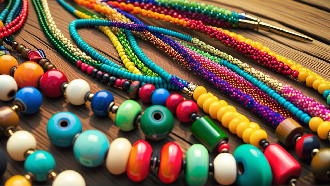  a vibrant close up of intricate beadwork featuring various indigenous designs, surrounded by diverse hands carefully threading beads, set against a natural backdrop of wood and soft earth tones, highlighting cultural connection and craftsmanship. hyperrealistic, full body, detailed clothing, highly detailed, cinematic lighting, stunningly beautiful, intricate, sharp focus, f/1. 8, 85mm, (centered image composition), (professionally color graded), ((bright soft diffused light)), volumetric fog, trending on instagram, trending on tumblr, HDR 4K, 8K