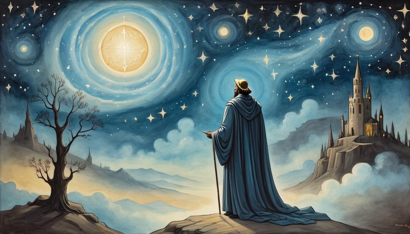  on parchment, surrealism+++, a robed figure with luminous eyes gazing skyward, ethereal glow around the figure, starry night backdrop, atmosphere of divine connection, celestial radiance, sacred(mysterious, provocative, symbolic,muted color)+++