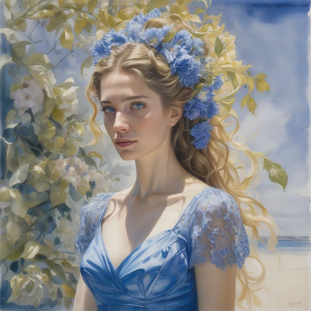  watercolor painting <mymodel> a painting of a woman with flowers in her hair and a blue dress donato giancola, figurative art, extremely detailed oil painting, a hyperrealistic painting . vibrant, beautiful, painterly, detailed, textural, artistic