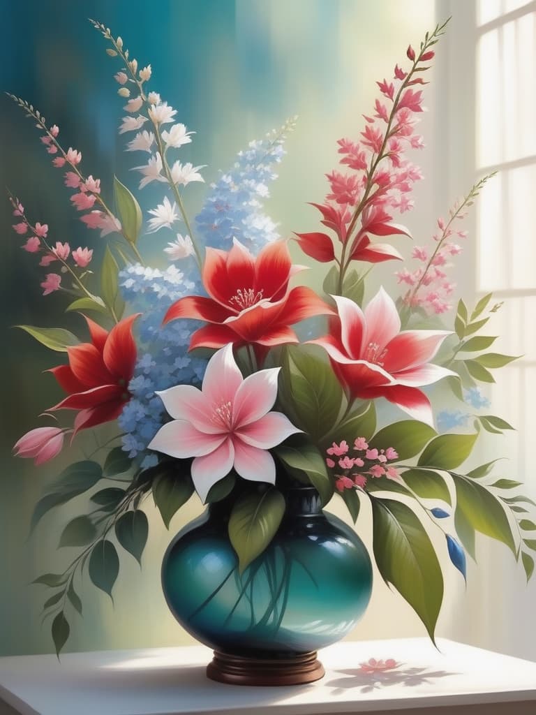  stylized, abstract painting featuring a floral arrangement. the layout is vertical, with the flowers and leaves extending upwards. the subject consists of vibrant red and pink flowers with smooth, rounded petals, and elongated green leaves. the background is a soft, muted gradient of light blues and greens, providing a gentle contrast to the bold colors of the flowers. the painting has a soft, almost blurred quality, giving it a dreamy and serene feel. there are no people, text, or logos present in the image.