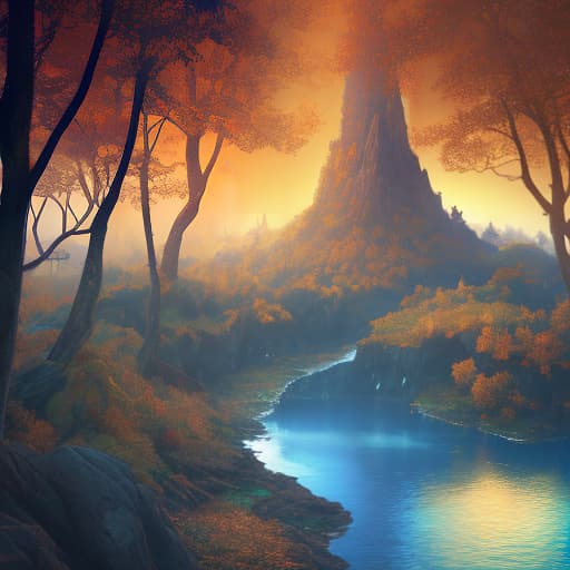  A landscape from the world of fantasy: A blue lake, a full moon at night, falling stars, Mountains and forest, autumn, fairies fly small, magical twinkling lights like golden rain. Oil paints, 4K resolution, bright colors, haze on the water., (Extremely Detailed Oil Painting:1.2), glow effects, godrays, Hand drawn, render, 8k, octane render, cinema 4d, blender, dark, atmospheric 4k ultra detailed, cinematic sensual, Sharp focus, humorous illustration, big depth of field, Masterpiece, colors, 3d octane render, 4k, concept art, trending on artstation, hyperrealistic, Vivid colors, extremely detailed CG unity 8k wallpaper, trending on ArtStation, trending on CGSociety, Intricate, High Detail, dramatic hyperrealistic, full body, detailed clothing, highly detailed, cinematic lighting, stunningly beautiful, intricate, sharp focus, f/1. 8, 85mm, (centered image composition), (professionally color graded), ((bright soft diffused light)), volumetric fog, trending on instagram, trending on tumblr, HDR 4K, 8K