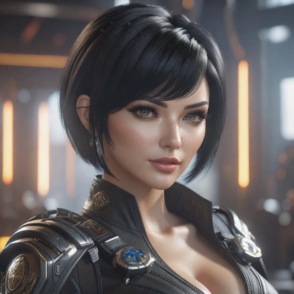   , short black hair, small , big , showing to the viewer and ing it., ((video game)) hyperrealistic, full body, detailed clothing, highly detailed, cinematic lighting, stunningly beautiful, intricate, sharp focus, f/1. 8, 85mm, (centered image composition), (professionally color graded), ((bright soft diffused light)), volumetric fog, trending on instagram, trending on tumblr, HDR 4K, 8K