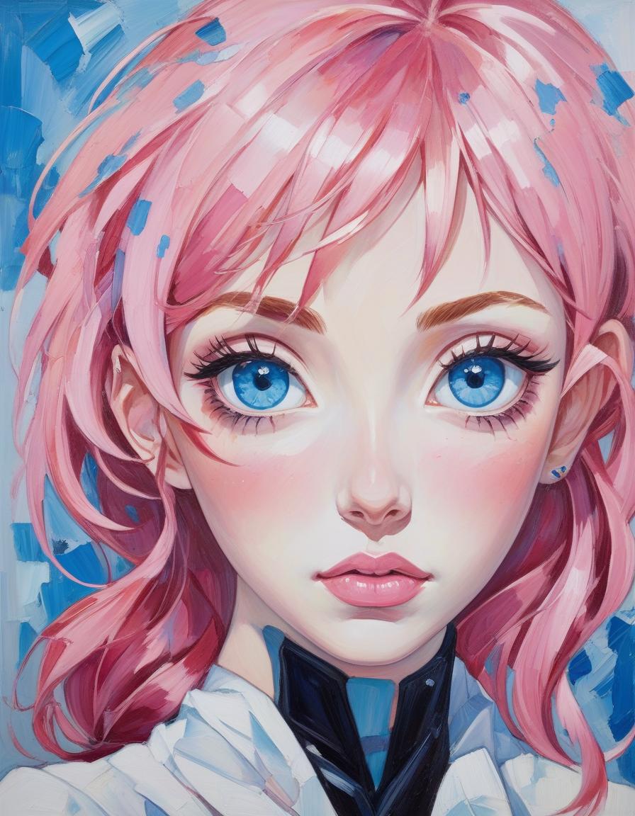  (striking oil painting:1.3) (palette knife artistry:1.2), showcasing a mesmerizing (anime beauty:1.3) with (luxurious pink hair:1.2) framing her (enchanting blue eyes:1.3). her (parted lips:1.1) suggest a soft whisper, as her (beauty face:1.3) artfully merges with the textured (canvas backdrop:1.2). this (expressionist drawing:1.2) employs (double exposure layering:1.3) to create a captivating visual narrative, where her ethereal essence flows into the (abstract colors and shapes:1.2) surrounding her, inviting viewers into a world of imagination.