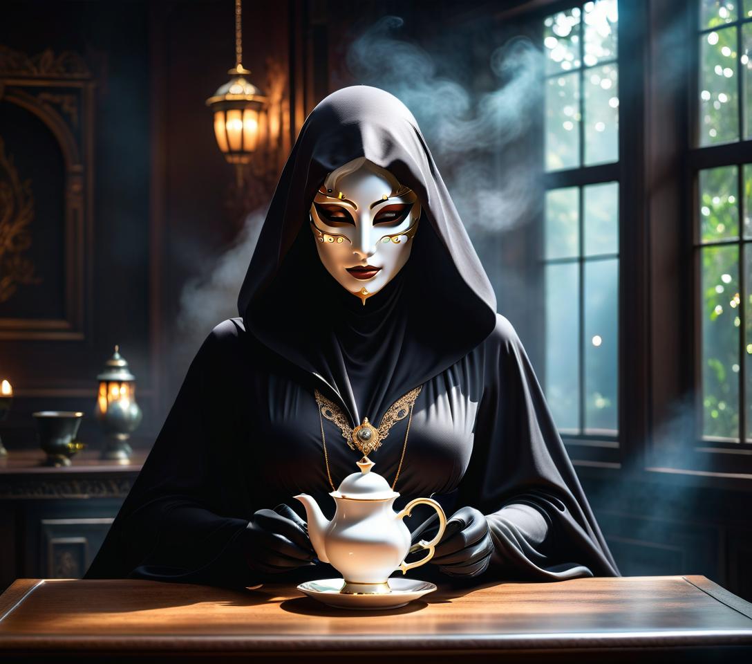  ethereal fantasy concept art of remove your face and mask, add cups of tea and tasty dishes to the table . magnificent, celestial, ethereal, painterly, epic, majestic, magical, fantasy art, cover art, dreamy, logo hyperrealistic, full body, detailed clothing, highly detailed, cinematic lighting, stunningly beautiful, intricate, sharp focus, f/1. 8, 85mm, (centered image composition), (professionally color graded), ((bright soft diffused light)), volumetric fog, trending on instagram, trending on tumblr, HDR 4K, 8K