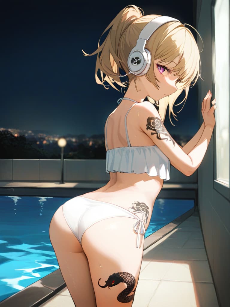  white headphones, white swimwear, poses showing their backs, poses on the wall, snake tattoo on , white frill pare, all body, foot, pool, standing, blonde ponytail, thigh tattoo, tattoo, skull tattoo on arms. , tattoo on a small wing on the back, headphones, tattoos on the feet, snake tattoo on the , masterpiece, best quality,8k,ultra detailed,high resolution,an extremely delicate and beautiful,hyper detail