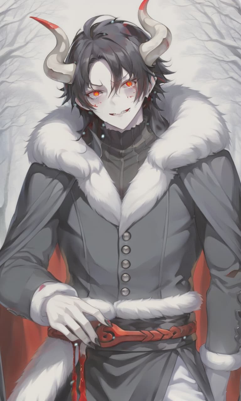  anime artwork man demon, white skin, blood red eyes, black hair, white horns, black clothes . anime style, key visual, vibrant, studio anime, highly detailed, sticker