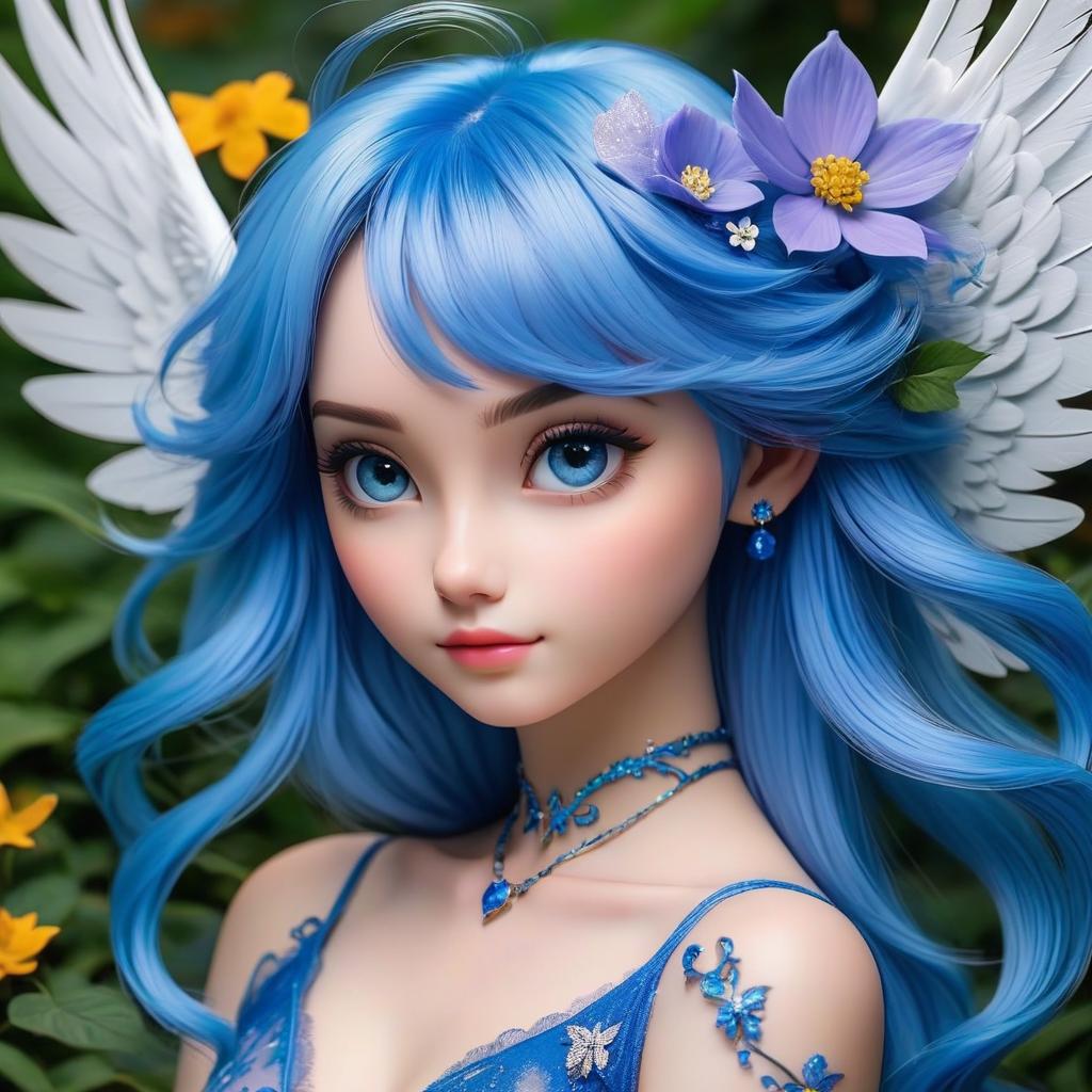  fairy with blue hair and beautiful wings, hkmagic