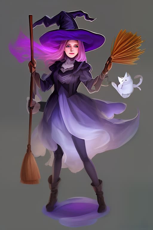  a witch in her left hand holds a broom next to her in the air a magical ghost cat with a book