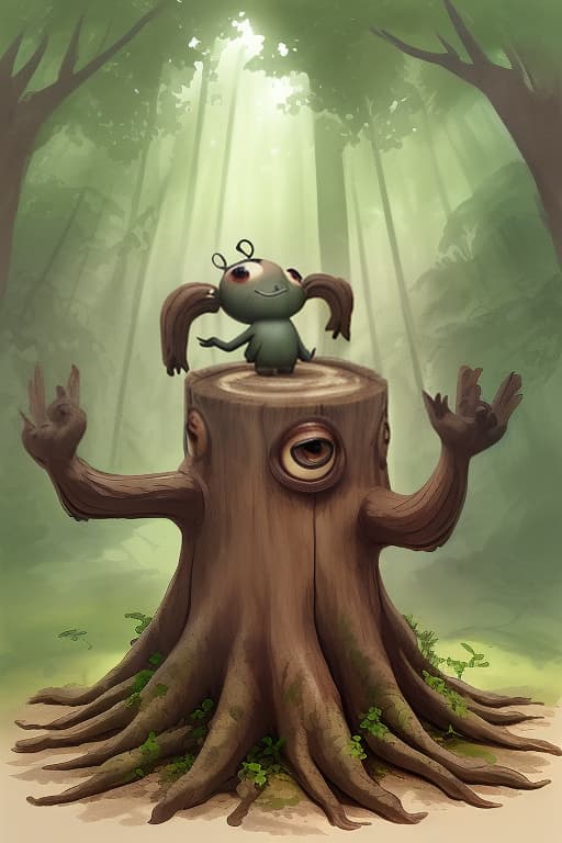  a cute, stout wooden creature resembling a stump, with arms, roots and large eyes, happily waving its branch like arms against a forest backdrop, dappled sunlight filtering through the leaves.. magic realism, funny cartoon, rustic watercolor