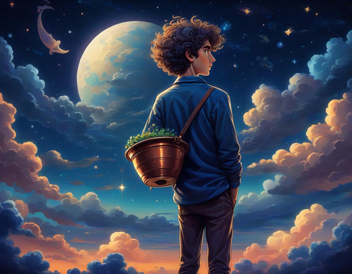  retro game art a masterpiece of digital painting. dream. a young guy walks across the night sky, holding a pot in his hands and scattering stars as if sowing, fabulous clothes, curly hair, the sky is of different shades of dark blue, small clouds at the bottom of the frame, colorful, dynamic, detailed . 16 bit, vibrant colors, pixelated, nostalgic, charming, fun