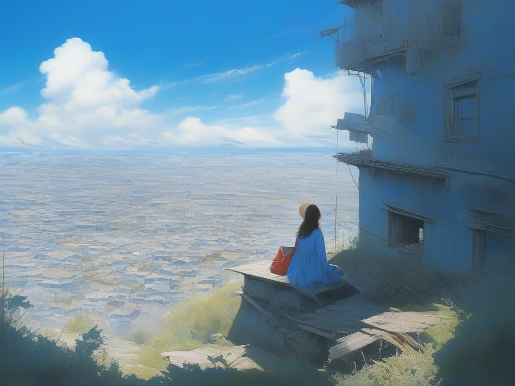  blue sky, wind, high place, one girl, sitting