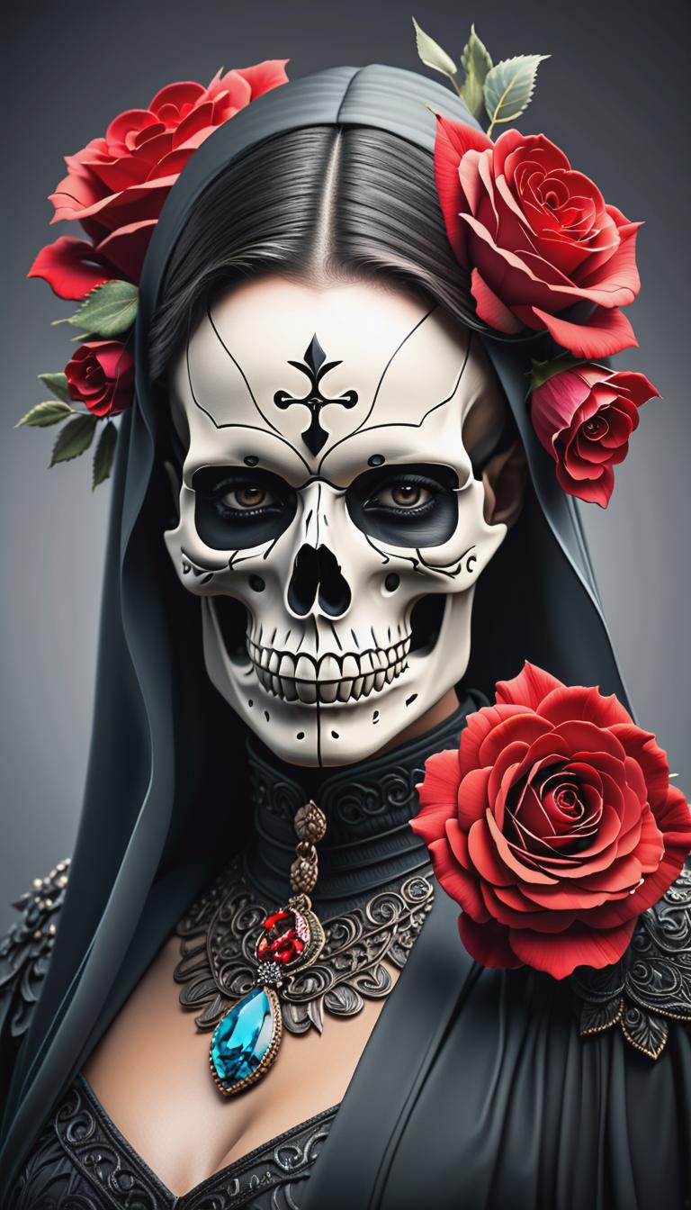  gothic style depiction of a skull with roses. simple, powerful, black or grey lines on a light, solid color background. . dark, mysterious, haunting, dramatic, ornate, detailed, hyperrealistic, full body, detailed clothing, highly detailed, cinematic lighting, stunningly beautiful, intricate, sharp focus, f/1. 8, 85mm, (centered image composition), (professionally color graded), ((bright soft diffused light)), volumetric fog, trending on instagram, trending on tumblr, HDR 4K, 8K